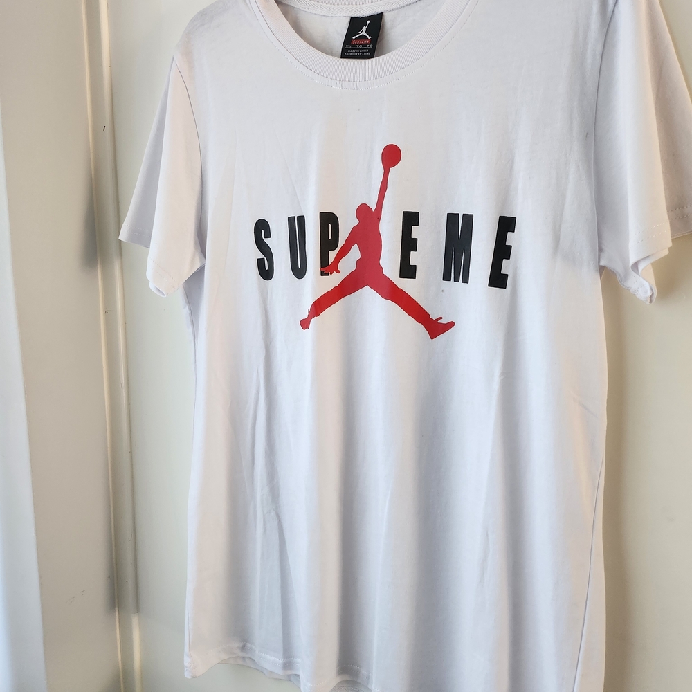 Supreme White Tee with Red Box Logo and White Jumpman Tag